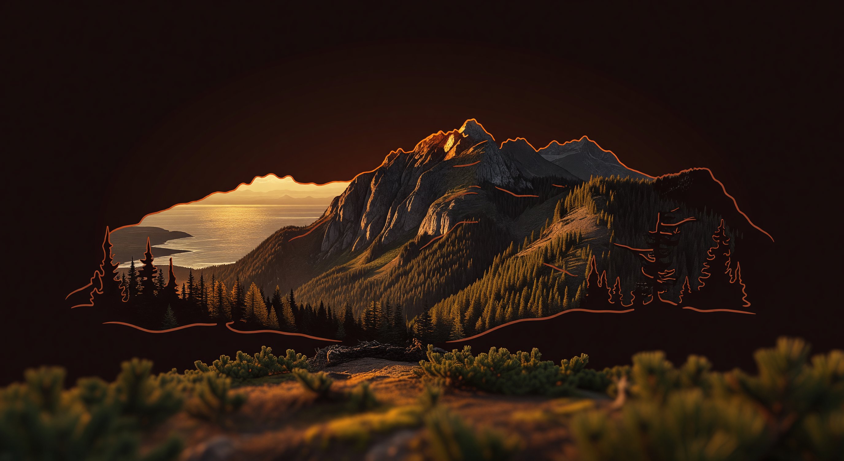 Range landscape at sunset with warm ember sky above coastal BC