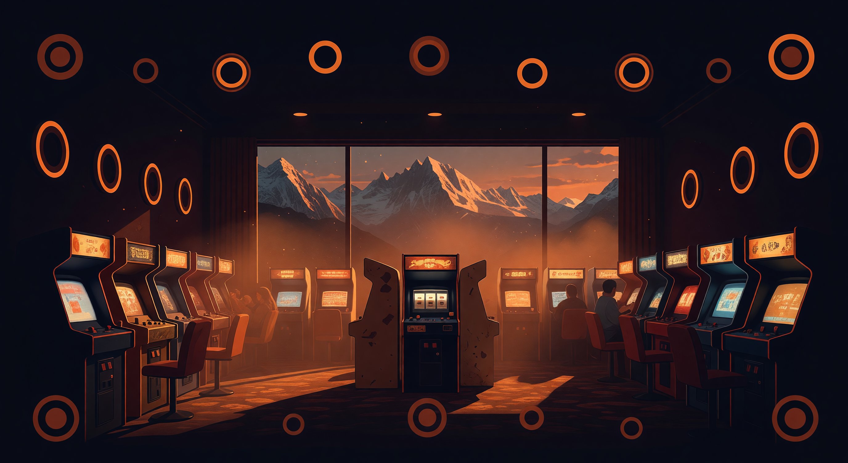 Illustrated mountain backdrop behind retro fruit machine