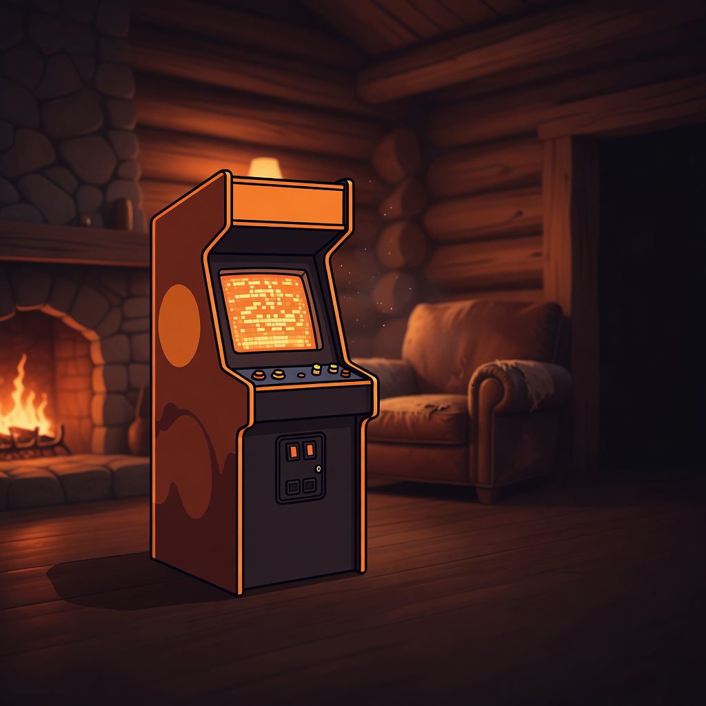Cartoon retro arcade cabinet with ember glow in mountain setting